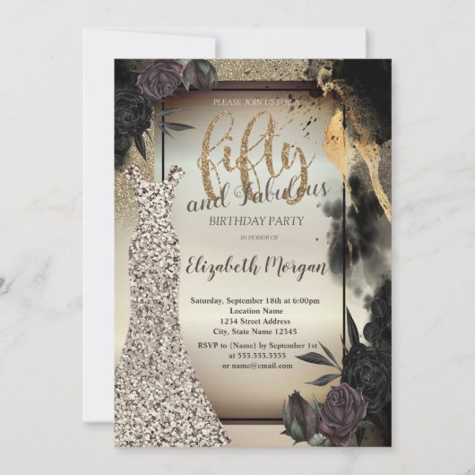Elegante glitterjurk, donkere Rozen 50e verjaardag Kaart (Voorkant)