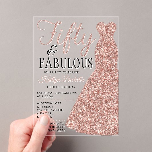 Elegante Glitterjurk | Vijftig & Fabulous Verjaard Acryl Uitnodigingen (Insitu (Draagbaar))