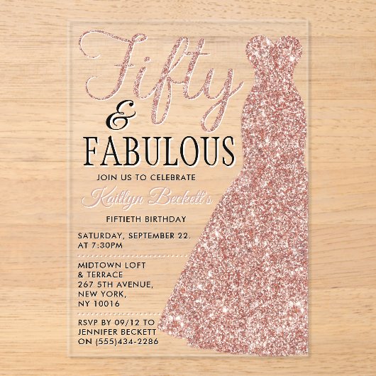 Elegante Glitterjurk | Vijftig & Fabulous Verjaard Acryl Uitnodigingen (Voorkant)