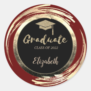 Elegante glitters gouden afstudeerhoed, rood ronde sticker