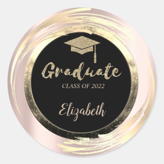 Elegante glitters gouden afstudeerhoed, zwart, ros ronde sticker (Voorkant)