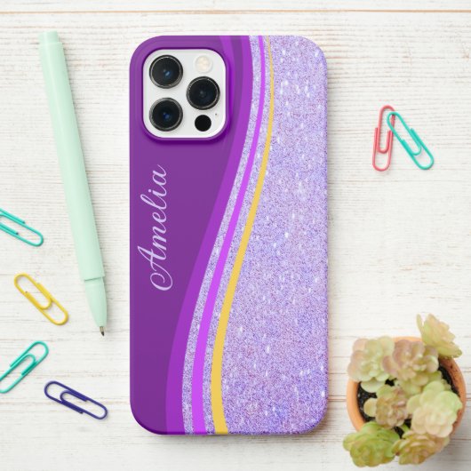 Elegante glitters monogram naam iPhone hoesje (Op bureau)