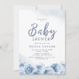 Elegante glitterscript blauwe bloemige babyshower kaart