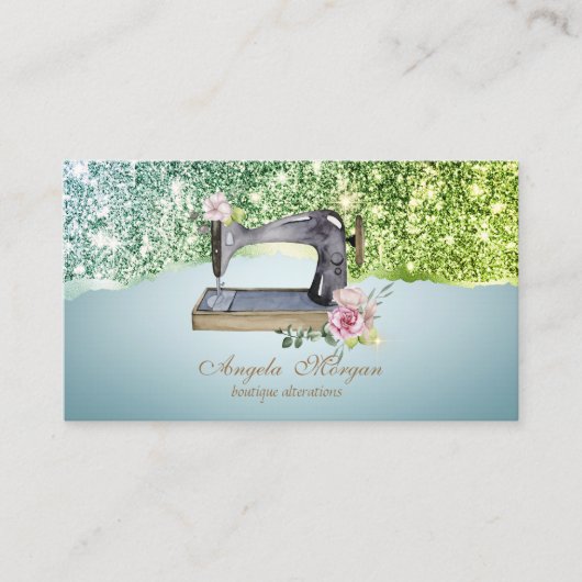Elegante glittersierrand bloem naaimachine visitekaartje (Voorkant)