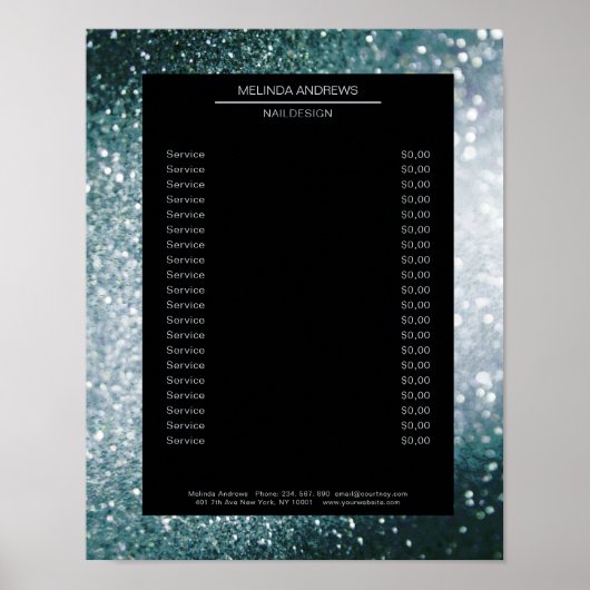 Elegante glittersilver blauwe prijslijst poster (Voorkant)
