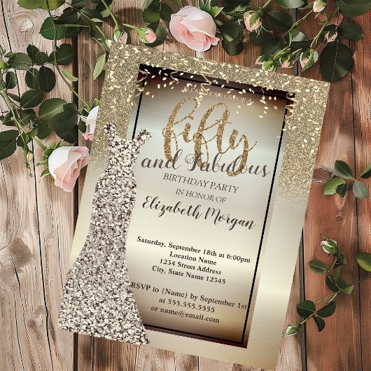 Elegante glittersjurk, confetti 50ste verjaardagsf kaart