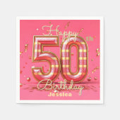 Elegante Glitzy Gestreepte Roze & Gouden 50e Verja Servet (Voorkant)