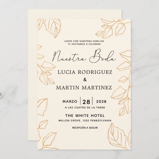 Elegante Glod Leaf Crème Spaans Nuestra Boda Kaart (Voorkant / Achterkant)