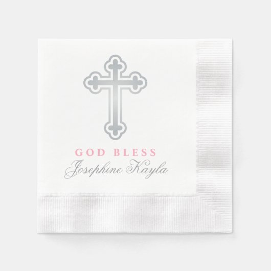 Elegante God zegene Zilveren Kruis Doop Roze Naam Servet (Voorkant)