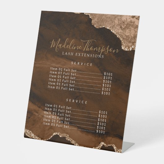 Elegante Gold Agate Geode Marble Services Prijs Reclamebord Met Voetstuk (Voorkant)