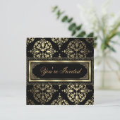Elegante Gold Black Damask Party Uitnodigingen (Staand voorkant)