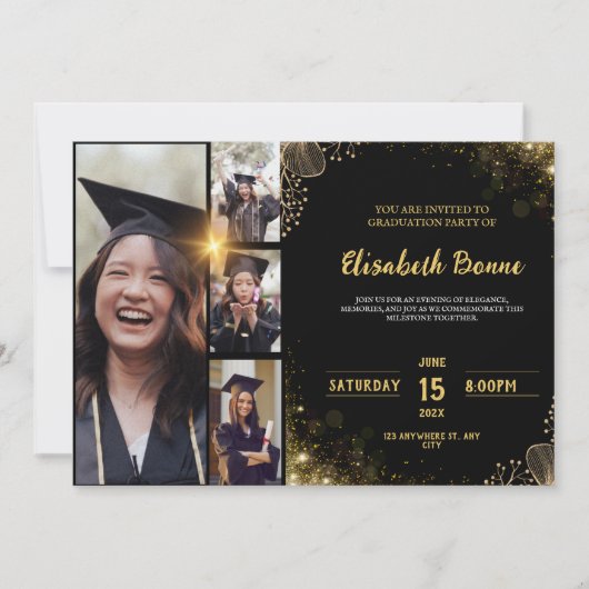 Elegante Gold & Black Graduation Party Uitnodiging (Voorkant)