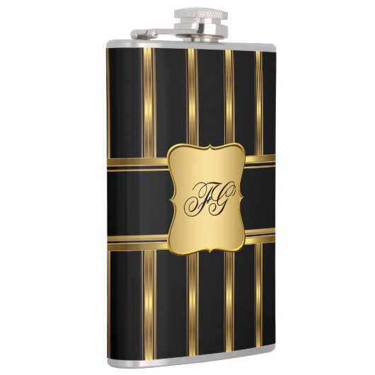 Elegante Gold Black Metal look Monogram Naam Heupfles (Rechts)