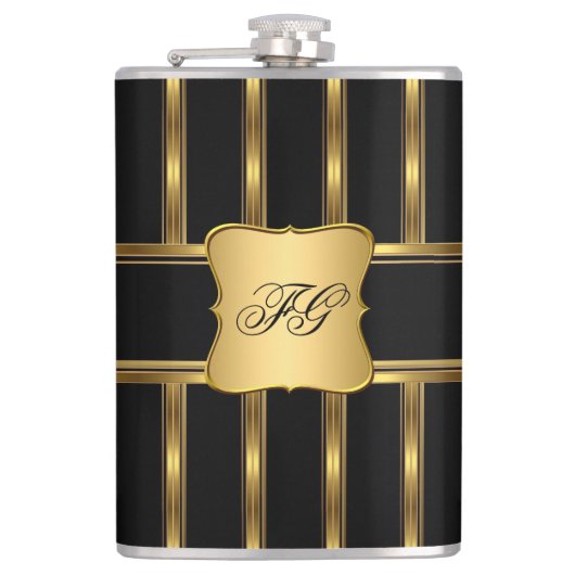Elegante Gold Black Metal look Monogram Naam Heupfles (Voorkant)