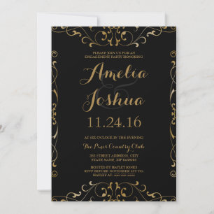 Elegante Gold Black Swirl Engagement Party Uitnodi Kaart