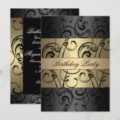 Elegante Gold & Black Swirl verjaardagsuitnodiging Kaart (Voorkant / Achterkant)