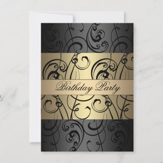 Elegante Gold & Black Swirl verjaardagsuitnodiging Kaart (Voorkant)