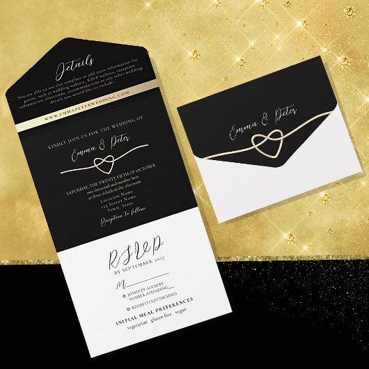 Elegante Gold Black Wedding All-in-One uitnodiging