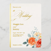 Elegante Gold Blush Bloemen Script Bruiloftsgoud Folie Uitnodiging (Voorkant)