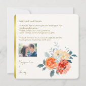 Elegante Gold Blush Bloemen Script Trouwfoto Bedankkaart (Achterkant)