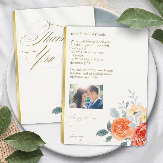 Elegante Gold Blush Bloemen Script Trouwfoto Bedankkaart