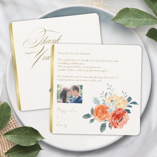 Elegante Gold Blush Bloemen Script Trouwfoto Bedankkaart