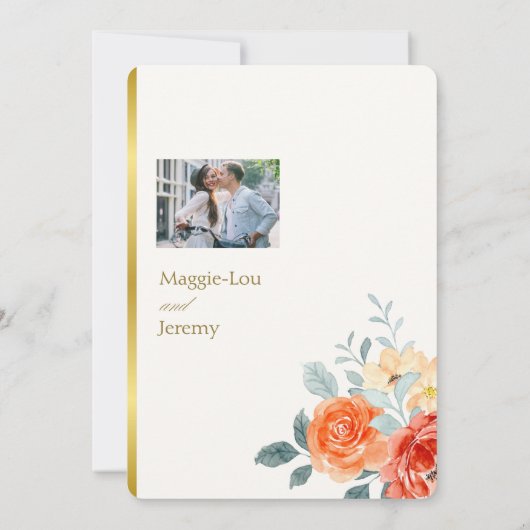 Elegante Gold Blush Bloemen Script Trouwfoto Save The Date (Achterkant)