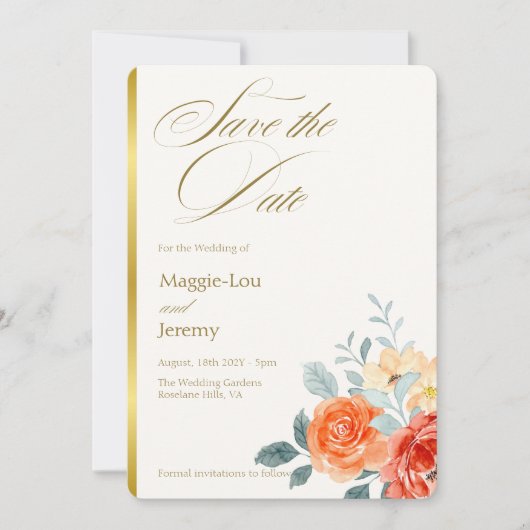 Elegante Gold Blush Bloemen Script Trouwfoto Save The Date (Voorkant)