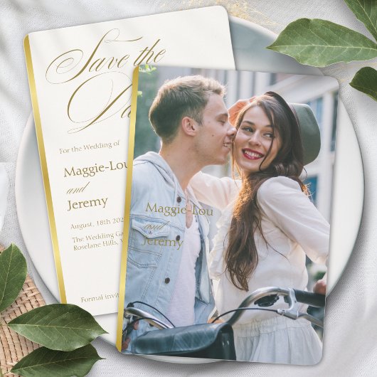 Elegante Gold Blush Bloemen Script Trouwfoto Save The Date