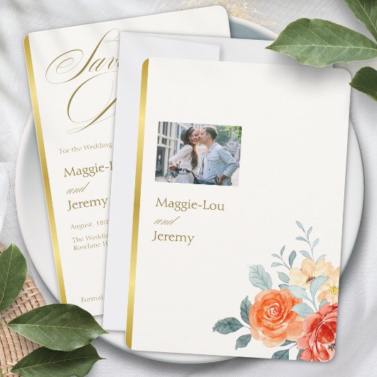 Elegante Gold Blush Bloemen Script Trouwfoto Save The Date