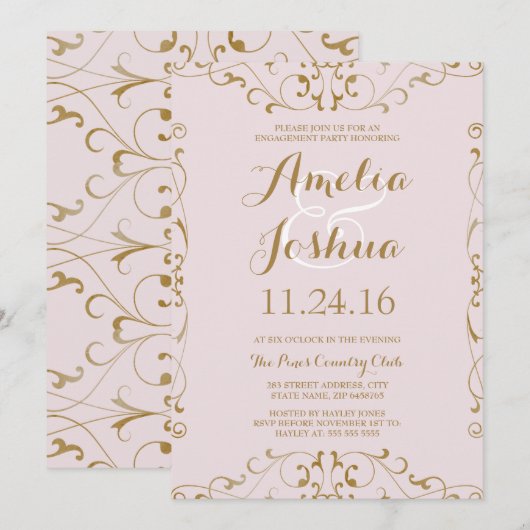 Elegante Gold Blush Swirl Engagement Party Uitnodi Kaart (Voorkant / Achterkant)