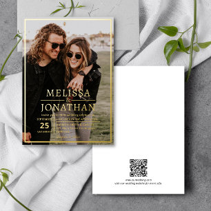 Elegante Gold Border Script Foto QR Code Huwelijk Folie Uitnodiging