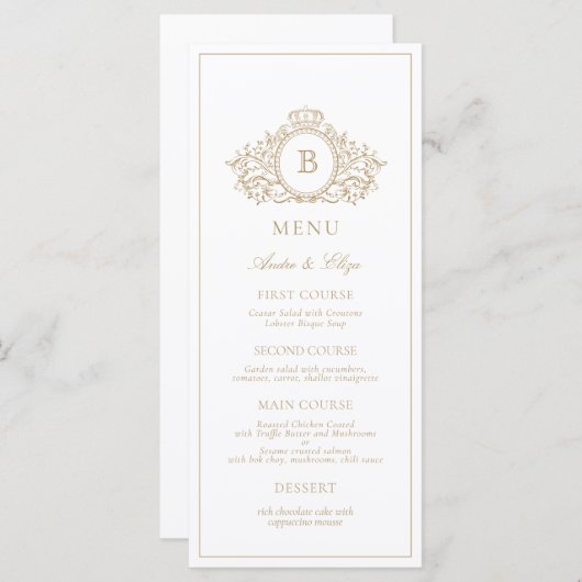 Elegante Gold Crest Monogram Custom Wedding Menu (Voorkant / Achterkant)