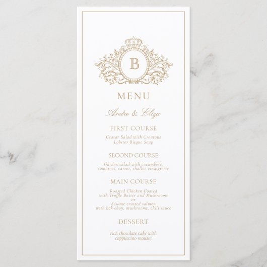 Elegante Gold Crest Monogram Custom Wedding Menu (Voorkant)