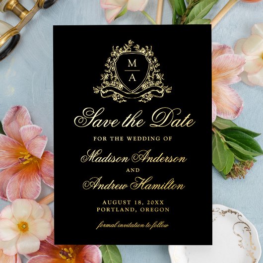 Elegante Gold Crest Monogram Wedding Save The Date Folie Uitnodiging