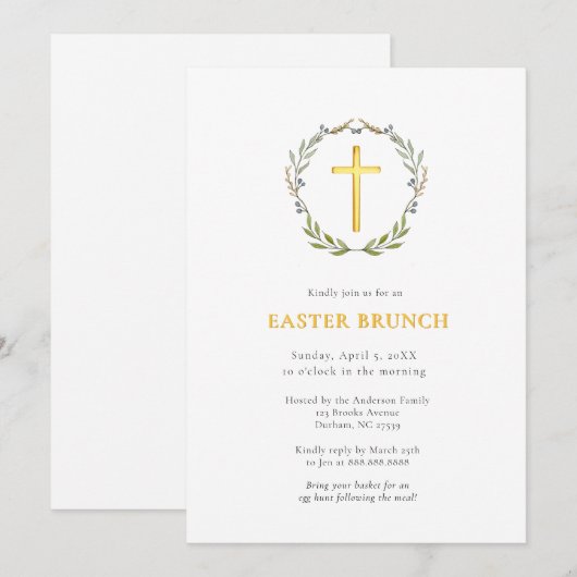 Elegante Gold Cross & krans Paasbrunch Kaart (Voorkant / Achterkant)