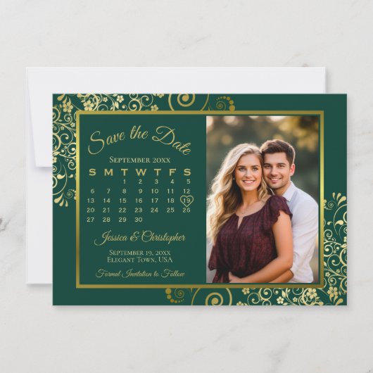 Elegante Gold Curls Emerald Calendar Fotobruiloft Save The Date (Voorkant)