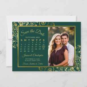 Elegante Gold Curls Emerald Calendar Fotobruiloft Save The Date