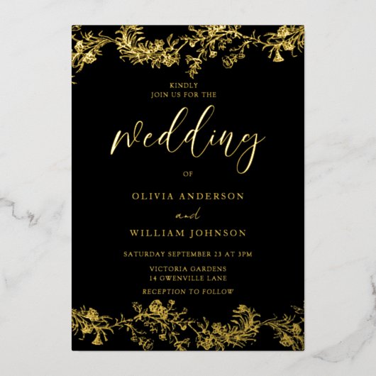Elegante  Gold Foil Bloemen bruiloft Folie Uitnodiging (Voorkant)