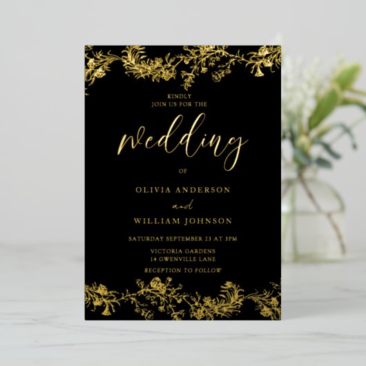 Elegante  Gold Foil Bloemen bruiloft Folie Uitnodiging (Staand Voorkant)