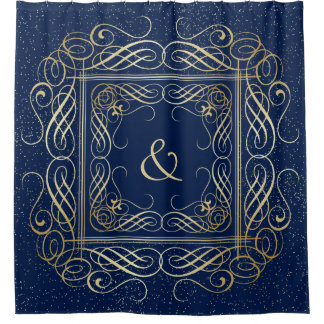 Elegante Gold Foil Look Scrollwork Script op Navy Douchegordijn