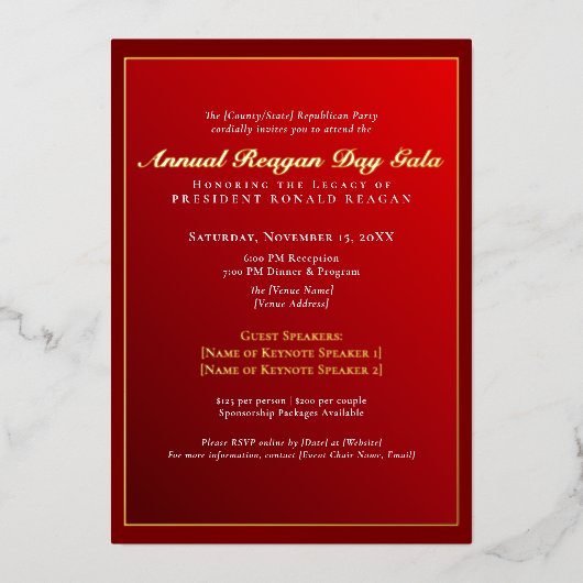 Elegante Gold Foil Reagan Day Gala Fundraiser Folie Uitnodiging (Voorkant)