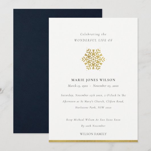 Elegante Gold Foil Snowflake Memorial Service Kaar Bedankkaart (Voorkant / Achterkant)