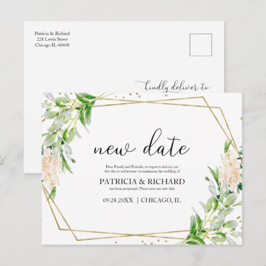 Elegante Gold Folie Groen Huwelijk Nieuwe Datum Briefkaart (Voorkant / Achterkant)