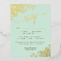 Elegante Gold Folie op Mint Green Wedding RSVP Kaa