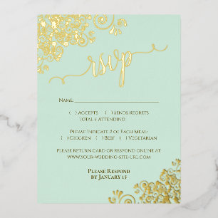 Elegante Gold Folie op Mint Green Wedding RSVP Kaa Uitnodiging Briefkaart