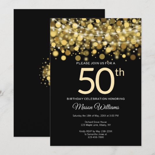 Elegante Gold Glitter String verlichting 50ste ver Kaart (Voorkant / Achterkant)