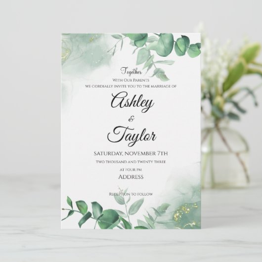 Elegante Gold & Greenery Waterverf bruiloft Kaart (Staand voorkant)