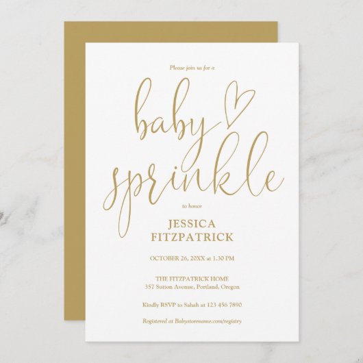 Elegante Gold Heart Script Baby Sprinkle Shower Kaart (Voorkant / Achterkant)