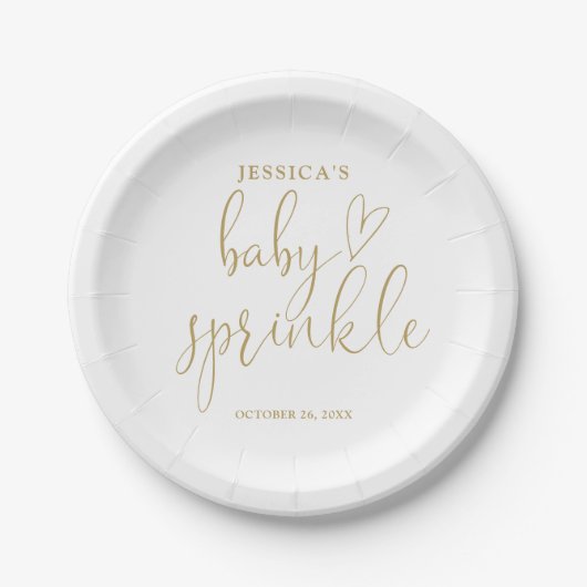 Elegante Gold Heart Script Baby Sprinkle Shower Papieren Bordje (Voorkant)